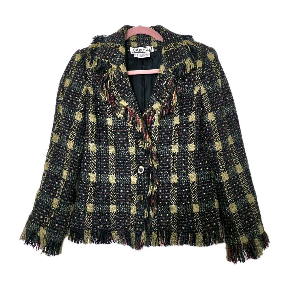 Vintage Carlisle Tweed Fringe Jacket Women 6 Preppy Dark Acadamia Old Money Boho